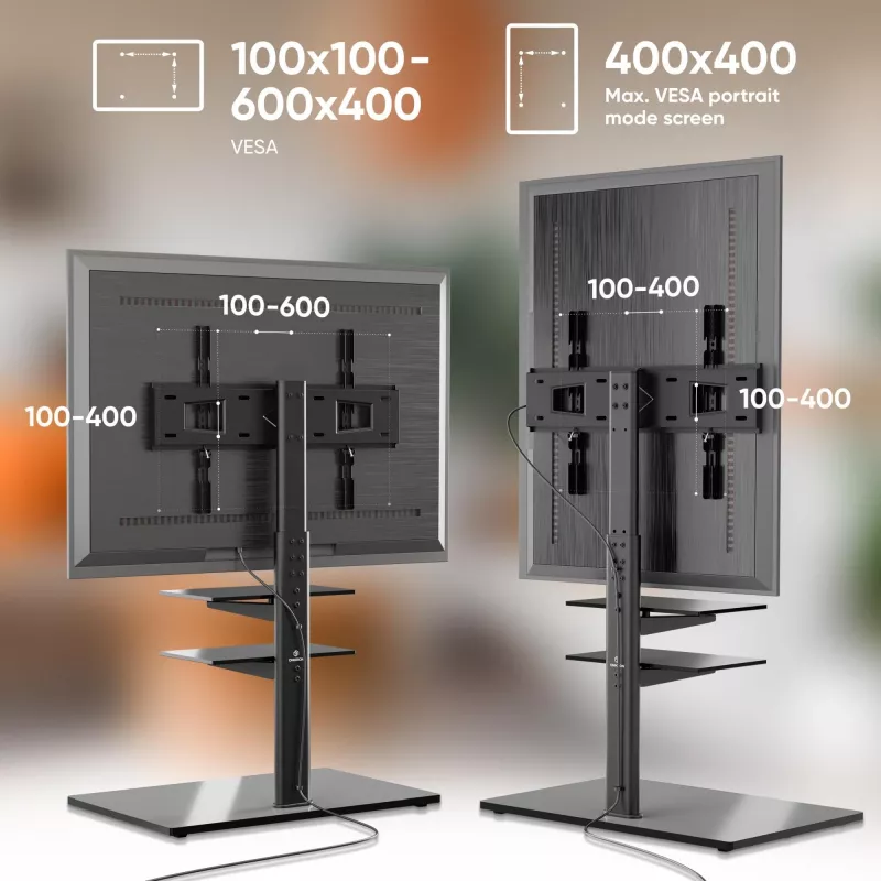 Grīdas TV statīvs ONKRON TS5550-B 32–65 collu (81,3–165,1 cm) ekrāniem, maks. slodze 30 kg, VESA 100x100–600x400, augstums 880–1080 mm, pagriešana ±25°