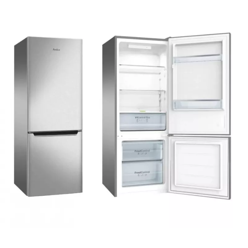Brīvi stāvošs ledusskapis-salvētava AMICA KGCL 384 160 E, kopā 205 L, ledusskapis 153 L, saldētava 52 L, apakšā novietota saldētava, nerūsējošais tērauds