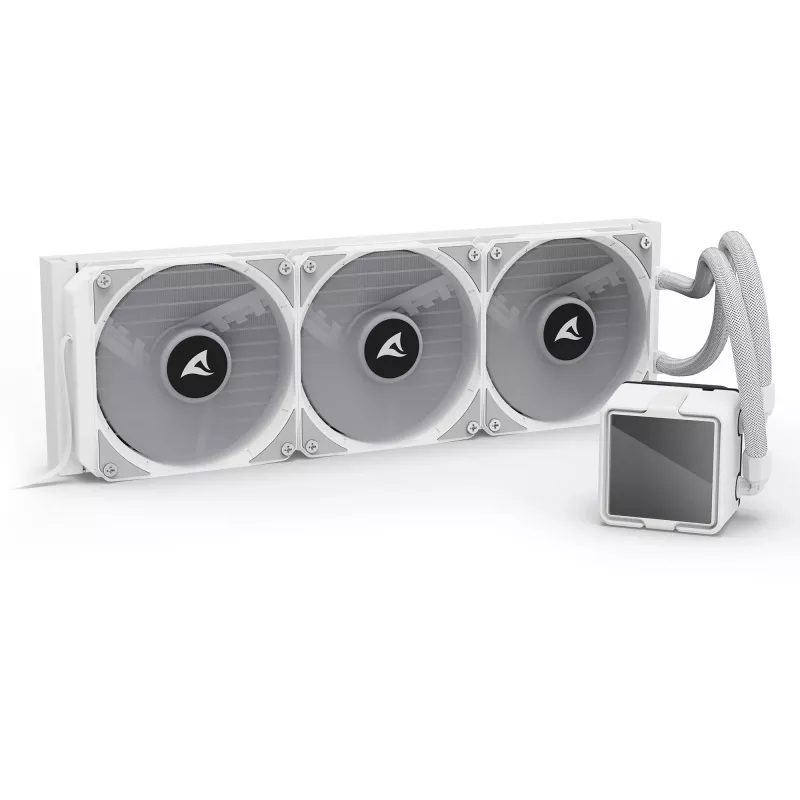 Viss-vienā centrālā procesora šķidruma dzesētājs Sharkoon S100 ARGB balts — 360 mm radiators, Infinity-Mirror efekts