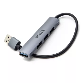 USB centrmezgls Unitek H1208A — 4 porti (1 × USB 3.2 Gen 1 Type-A, 3 × USB 2.0), alumīnija korpuss, pelēks, 0,20 m kabelis