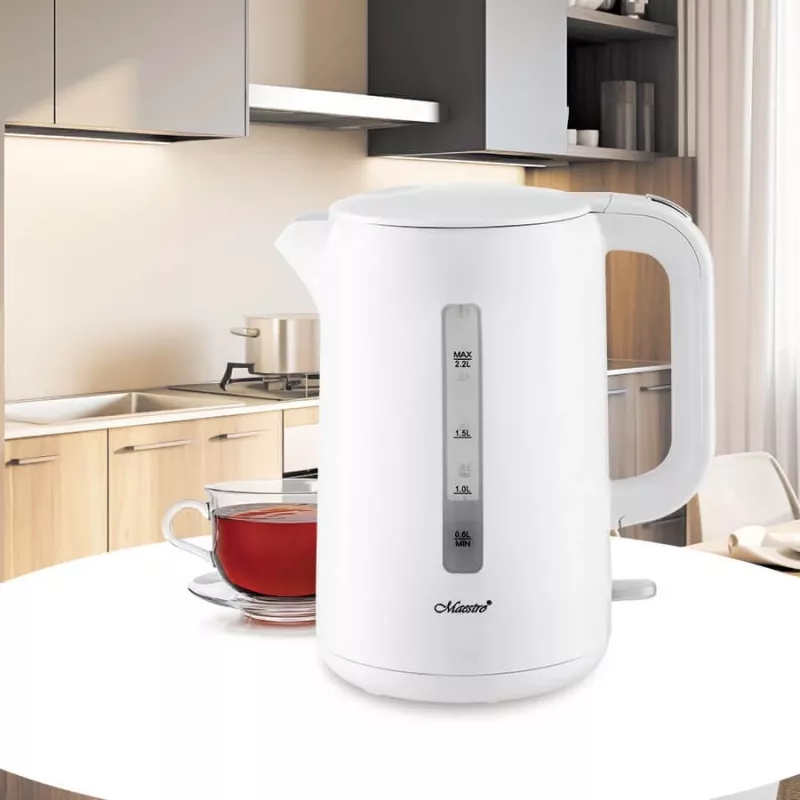 Elektriskā tējkanna Maestro MR-022-balta, 2,2 L, 1850–2200 W, plastmasas korpuss, 360° pamatne, pretkaļķu filtrs, ūdens līmeņa indikators