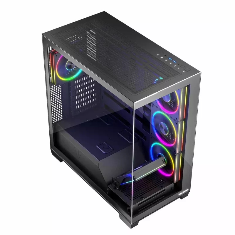 PC korpuss MODECOM Volcano Stellar 5F ATX Midi Tower, rūdīts stikls, 5 iepriekš uzstādīti ventilatori, USB‑C, atbalsta microATX/ATX, maks. GPU 420 mm, CPU dzesētāja augstums 175 mm