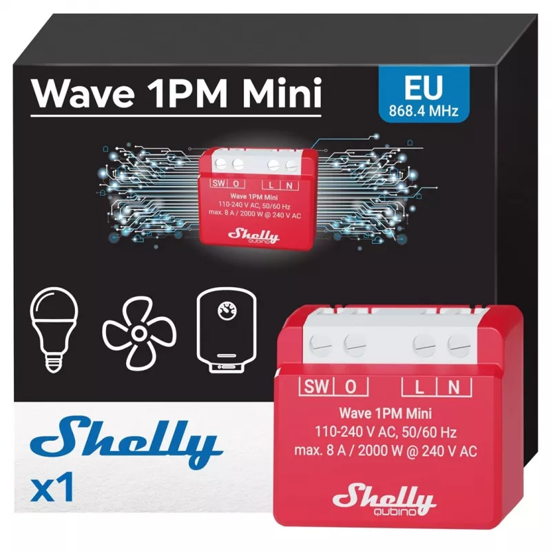 Sienā iebūvējams viedais relejs Shelly 1PM — vienkanāla Z-Wave mini slēdzis, 110–240 V, 8 A, 2000 W, 868,4 MHz