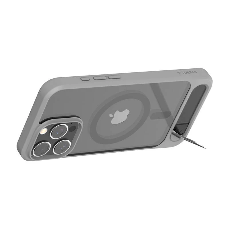 Aizsargājošs telefona vāciņš Torras Pstand sērija iPhone 16 Pro Max, pelēks, plāns profils ar integrētu statīvu