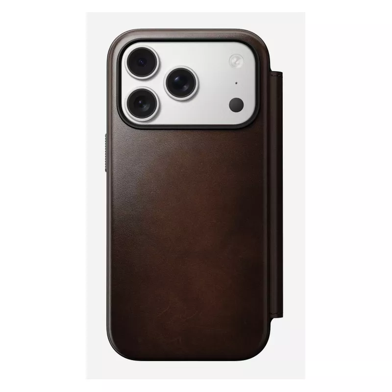 Mobilā tālruņa vāciņš Nomad Modern Leather Folio iPhone 17 Pro, āda/alumīnijs, 16 cm (6,3 collas) brūns, 4 karšu kabatas