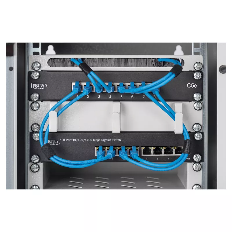 Slēdzis DIGITUS 10 collu Gigabit Ethernet 8 portu nevadāms - 8x Gigabit RJ45, uzstādāms statnē