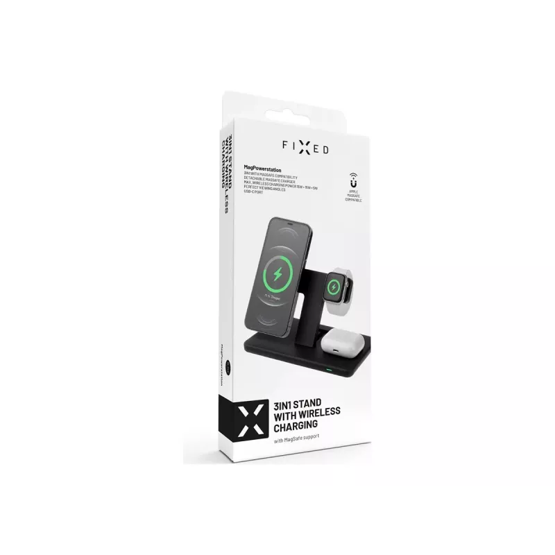 Fiksēts | MagPowerstation 3-in-1 bezvadu uzlādes statīvs ar MagSafe stiprinājumu | FIXMPOS-BK | Melns