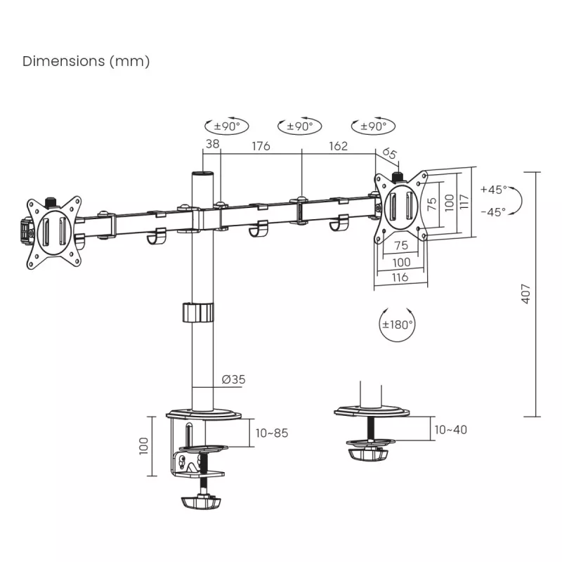 Maclean galda stiprinājums 2 monitoriem, VESA 75x75 un 100x100, 17-32, 2x 9kg, MC-754N