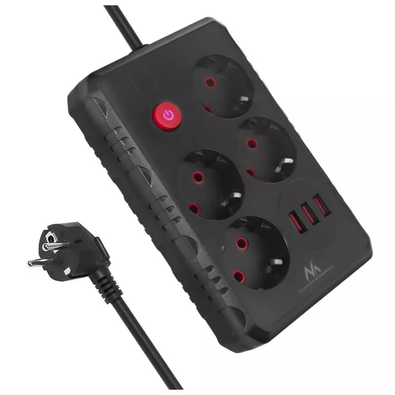 Pagarinātājs MACLEAN MCE393 B — 4 rozetes, 3×USB, 110–240V, 2500W, 3 m kabelis, melns