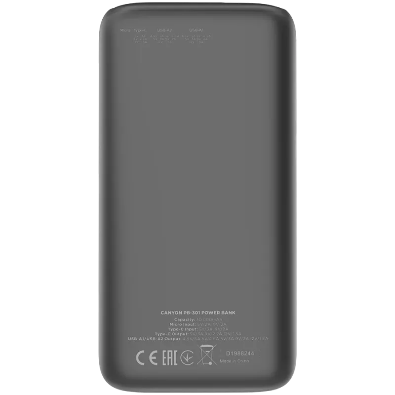Canyon Powerbank PB-301 30000 mAh PD/QC/Displejs melns mazumtirdzniecība