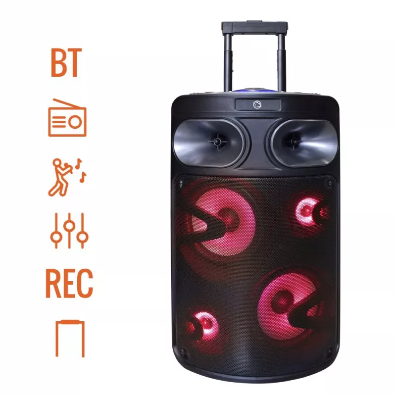 Pārnēsājams Bluetooth karaoke skaļrunis MANTA SPK0803B140 140W, darbināms ar baterijām, MIC/USB/microSD, FM, ekvalaizers, riteņi