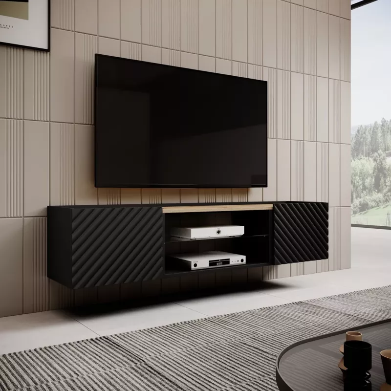 EF ONDA RTV skapis 180x40x39-58 melns (stāvošs vai stiprināms pie sienas)