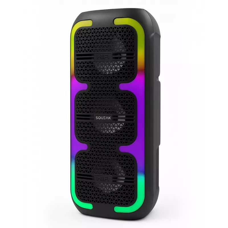 Pārnēsājams stereo skaļrunis SQUEAK SQ1009 — Bluetooth 5.3, 45 W RMS, 10 stundu akumulators, FM, USB, AUX, LED, 1800 mAh, melns