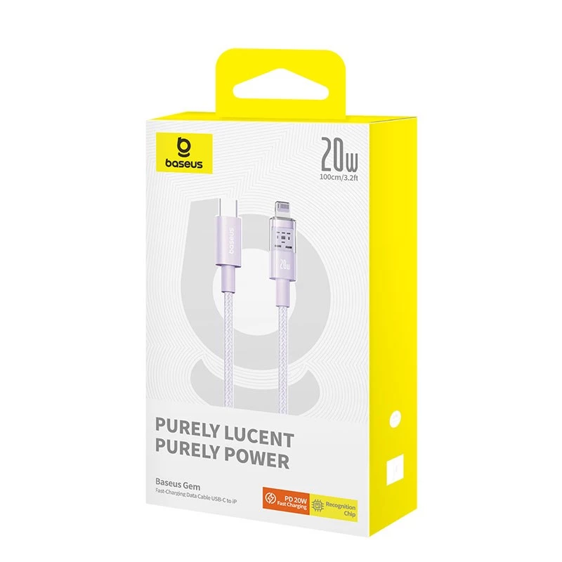 USB-C uz Lightning ātrās uzlādes kabelis Baseus Gem 1 m 20 W violets, neilona apvalks, 7 kontaktu Lightning