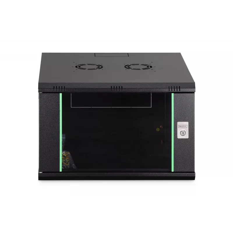 Pie sienas stiprināms 19 collu plaukta skapis DIGITUS Dynamic-N DN-37103 — 7U, 600x600 mm, IP20, nekomplektēts, melns