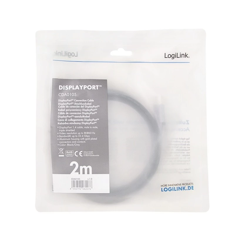 DisplayPort kabelis LogiLink CDA0105 2 m Melns Pelēks