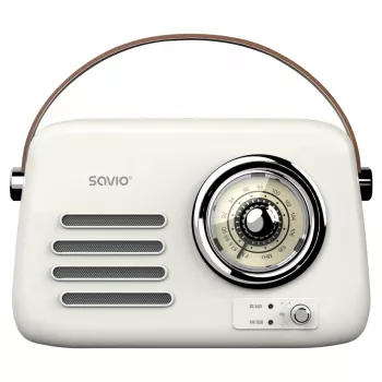 Portatīvais radio SAVIO RS-02 — analogais FM skaņotājs, Bluetooth 5.3, USB barošana, 3 W, balts