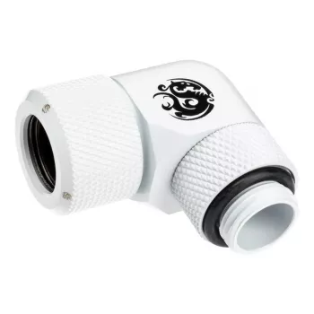 Savienotājs BitsPower BP-DWE90RMLA12 — misiņa 90° leņķa savienotājs, balts, Ø 12 mm