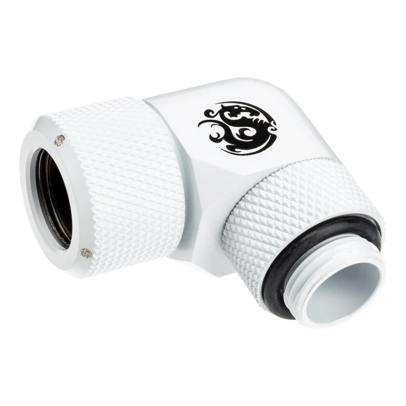 Savienotājs BitsPower BP-DWE90RMLA12 — misiņa 90° leņķa savienotājs, balts, Ø 12 mm