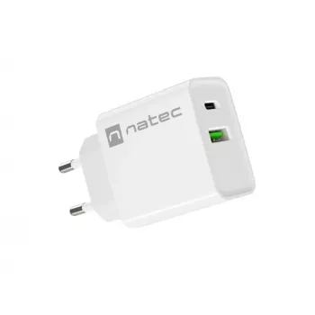 Iekštelpu maiņstrāvas ātrās uzlādes lādētājs NATEC RIBERA 12V 20W USB-C PD 3.0 + USB-A Samsung AFC balts