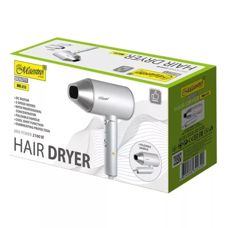 Matu žāvētājs Maestro MR-213 2100W salokāms rokturis, 2 ātrumi, aukstā gaisa poga, divsienu koncentrators, sudraba