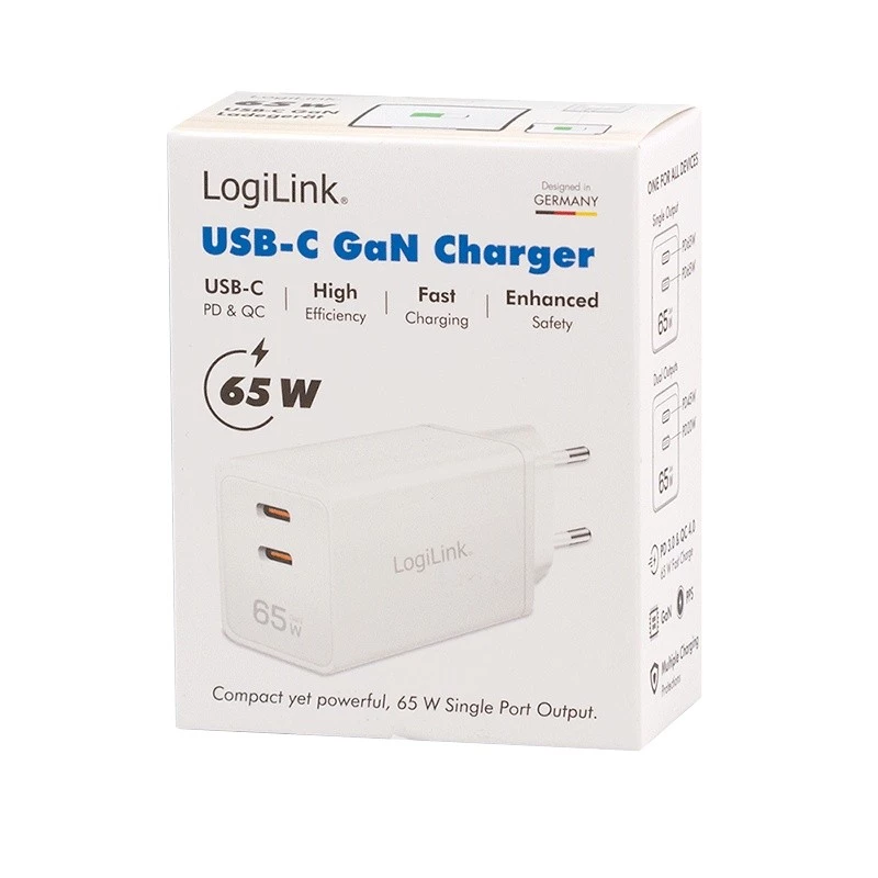 Divkāršs USB ligzdas adapteris 65W, 2xUSB-C, balts