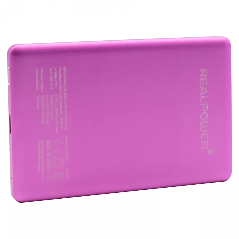 Ārējais akumulators RealPower PB-5000 MAG 5000 mAh, bezvadu uzlāde, USB-C, 20 W, rozā