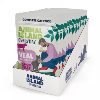 Slapjā kaķu barība animal island Everyday Jelly Veal — 12 x 85 g paciņas, pieaugušiem kaķiem, bez cukura/sojas/glutēna