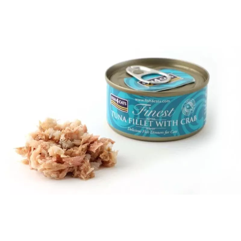 Slapjā kaķu barība FISH4DOGS Tunča fileja ar krabi 70 g — konserva, 70 g, 85% mitrums, 12% olbaltumvielas
