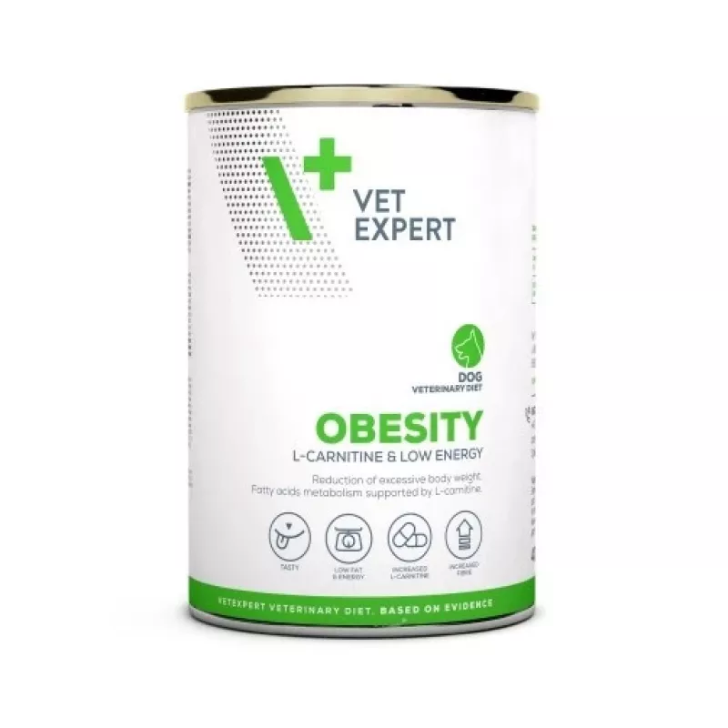 Mitrā suņu barība VETEXPERT Veterinary Diet Obesity suņiem 400 g bundža — mājputnu gaļa, pieaugušiem, ar zemu tauku saturu, augstu mitruma līmeni