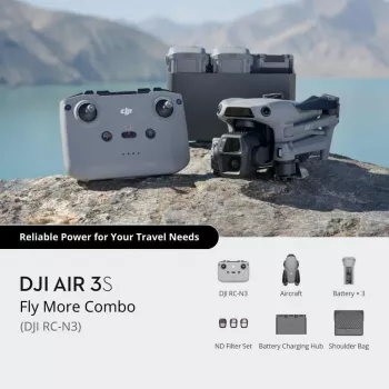 Quadcopter DJI Air 3s — 4 rotoru drons, 50 MP kamera, 3840×2160 video, 27 m/s, 32 000 m diapazons, 4276 mAh baterija, 42 GB iekšējā atmiņa, Pelēks