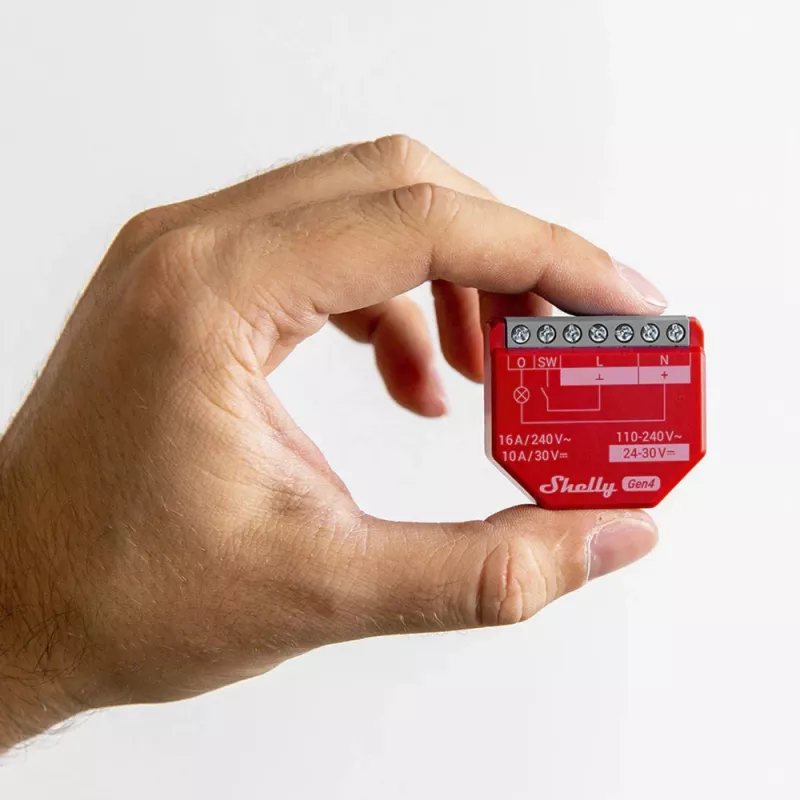 Viedais slēdzis Shelly 1PM Gen4 — bezvadu, 110–240 V AC, maks. 240 V, jaudas mērījumi, 16 A, 42×16×37 mm