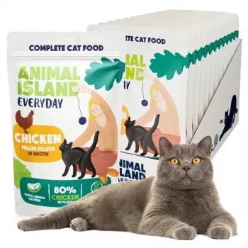 Slapjā kaķu barība animal island Everyday — Vistas filejas buljonā, 12 x 85 g multipaka