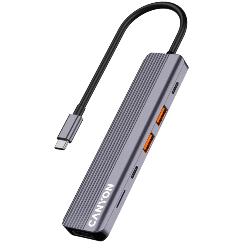 USB Type-C centrmezgls CANYON DS-17 — HDMI, USB 3.2 Gen 1 A, USB-C, MicroSD, 10000 Mbit/s, pelēks