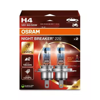 Halogēna priekšējā luktura spuldze Osram NIGHT BREAKER 220 H4 — dubultiepakojums, 12V 60/55W