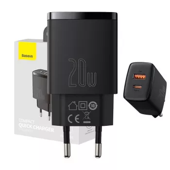 Iekštelpu USB ātrais lādētājs Baseus CCXJ-B01 — 2 porti (USB-C PD 20W + USB-A QC3.0 18W), 100–240 V, melns