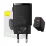 Iekštelpu USB ātrais lādētājs Baseus CCXJ-B01 — 2 porti (USB-C PD 20W + USB-A QC3.0 18W), 100–240 V, melns