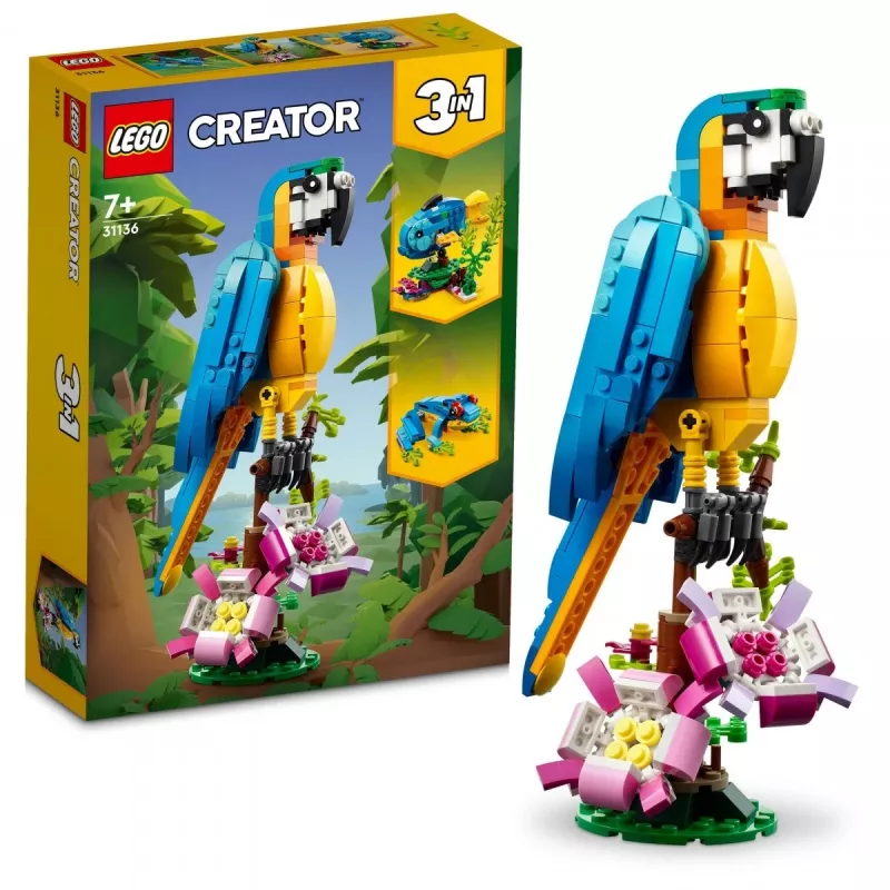 LEGO komplekts Exotic Parrot 31136 — Creator vitrīnas modelis, 253 detaļas, 220×120×110 mm