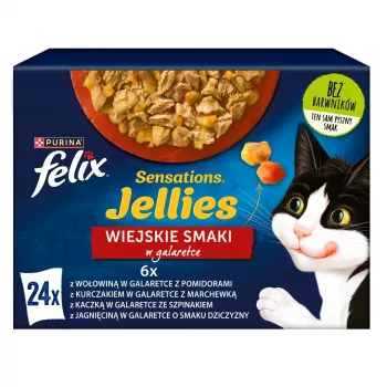 Mitrā kaķu barība Felix Sensations Country Flavors in Jelly multipaka 24×85 g — mitrā barība, 24 paciņas, 85 g katra, mitrums 82%
