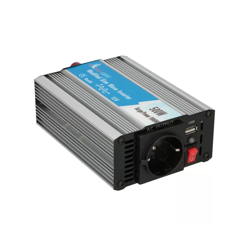 Automašīnas sprieguma pārveidotājs Extralink OPIM-500W 12V, 500W modificēts sinusoidāls, alumīnija korpuss, aktīvā dzesēšana