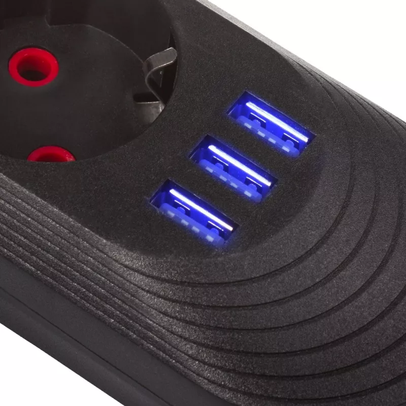 Strāvas sadalītājs MACLEAN MCE395 B — 5 ligzdas, 3×USB, 110–240 V maiņstrāva, 2,1 A USB, 2500 W, 1,5 m kabelis, melns