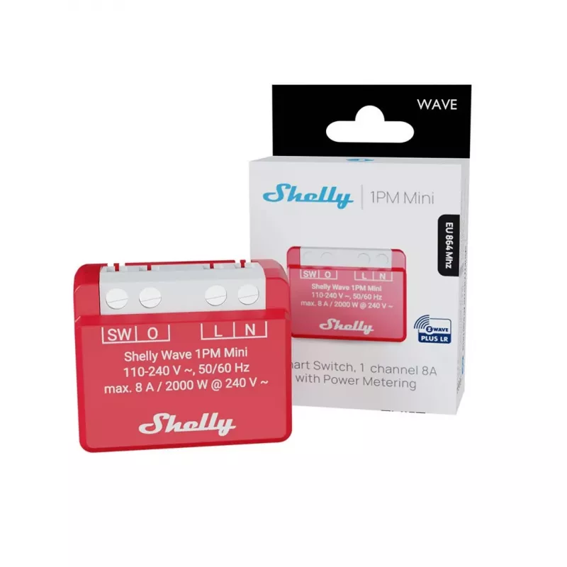 Sienā iebūvējams viedais relejs Shelly 1PM — vienkanāla Z-Wave mini slēdzis, 110–240 V, 8 A, 2000 W, 868,4 MHz