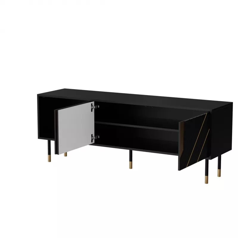 TV skapis Cama Meble MOUNTAIN 154x40x55 cm — skaidu plākšņu virsma, melns un zelts