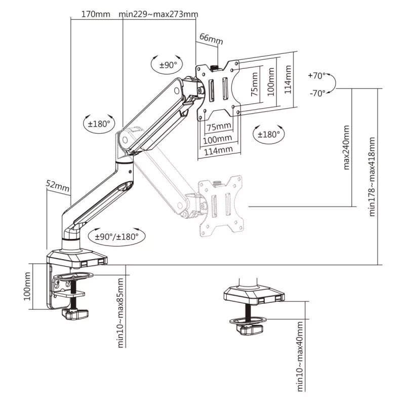 Ergo Office Universāls monitora galda stiprinājums, gāzes atspere 17-35 15kg, VESA 75x75 / 100x100, ER-445