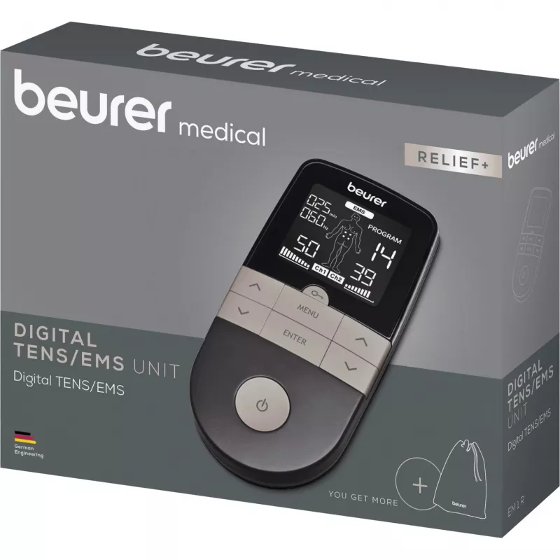 Elektrostimulācijas TENS/EMS ierīce Beurer EM 1 RELIEF+ (modelis 60428) antracīta krāsā