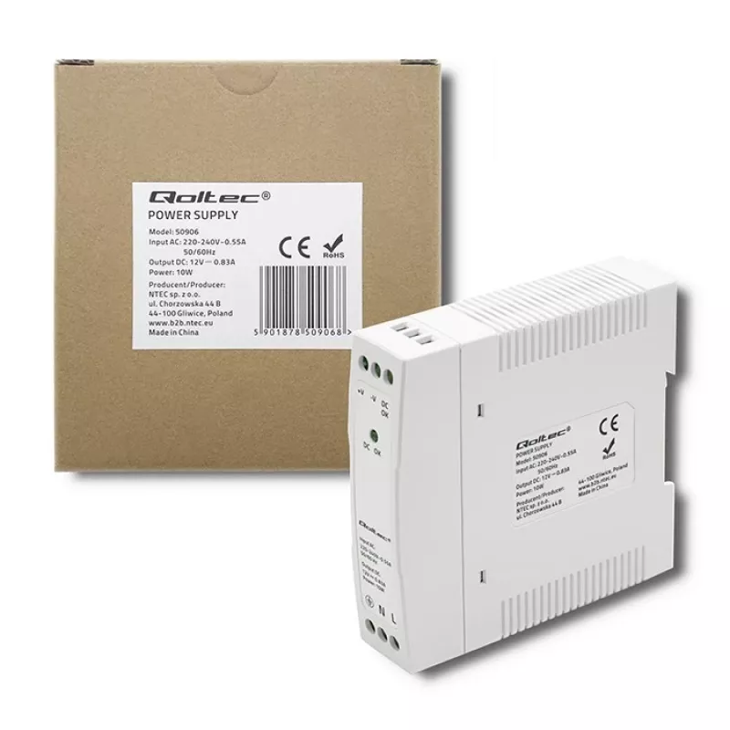 DIN sliedes barošanas bloks 10W, 12V, 0.83A, plāns
