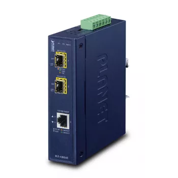 Tīkla multivides pārveidotājs PLANET IGT-1205AT — Gigabit SFP 2-šķiedru, 1x RJ-45, 10/100/1000 Mbps, 12–48 V, DIN-sliedes, IP30