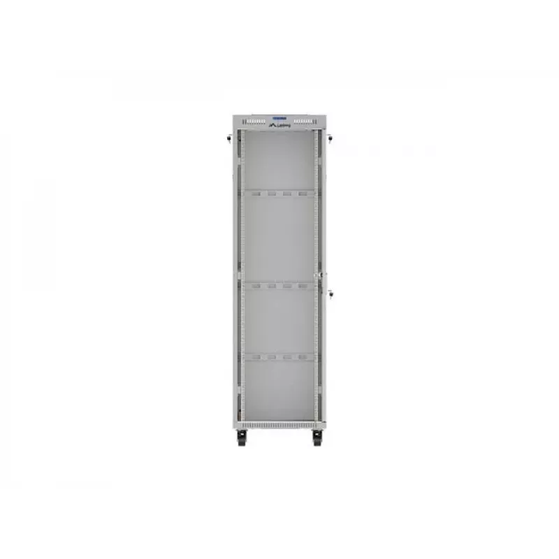 19 collu 42U LANBERG stāvošs statņu skapis 600×600 mm pelēks ar stikla durvīm un LCD (plakanā iepakojumā)