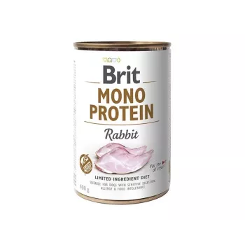 Mitrā suņu barība Brit Mono Protein Rabbit 400 g — konservēta pilnvērtīga diēta, viens dzīvnieku olbaltumvielu avots, pieaugušiem suņiem
