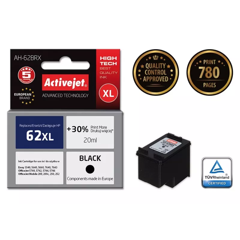 Activejet AH-62BRX tinte (aizstāj HP 62XL C2P05AE; Premium; 20 ml; melna)